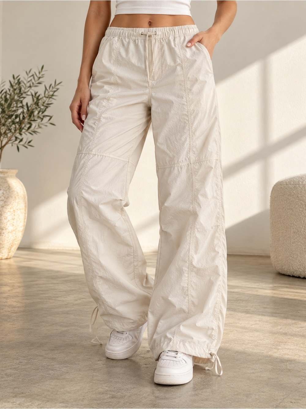 NWT H&M Cream Parachute Pants S Y2K Gorpcore Wide Leg